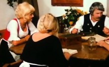 Farm Old Man Pleases Younger Blondie On His Dining Table