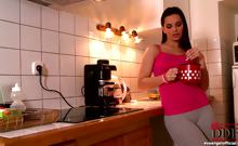 Eve Angel fingering in kitchen