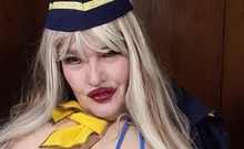 Sexy stewardess Susi pulling out tits