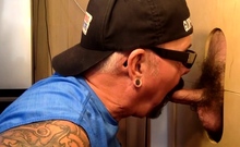 Inked gloryhole DILF sucks 4 mouthjizz