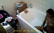 Hairy French girl bathing