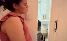 Colombian Super-bitch Comes In Public Bathroom,
