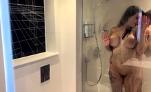 Beautiful Brunette Big Boobs Rides Fake Cock