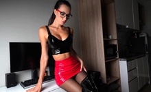 Attractive brunette teenager with big boobs fingering pussy