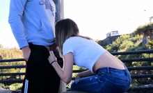 Russian Blonde Babe Gives Blowjob in Public